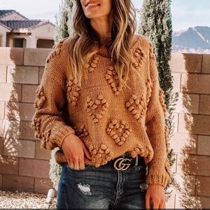 Pom Pom Heart Hand Knit Sweater S-M